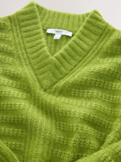 Bright Green Ribbed Longline V-Neck Jumper With Wool