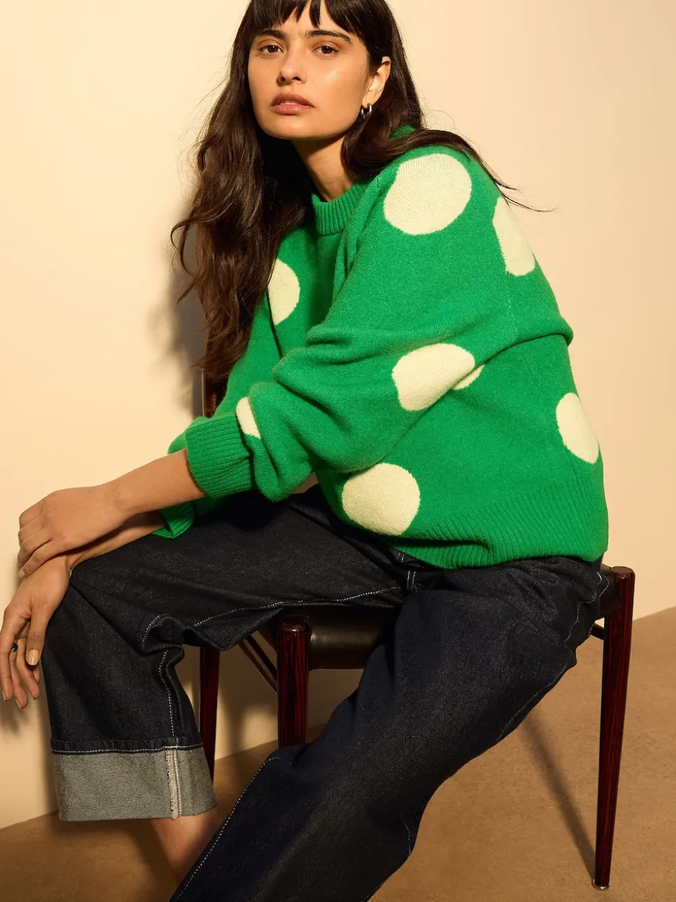 Bright Green Spot Crew Neck Knitted Jumper with Wool