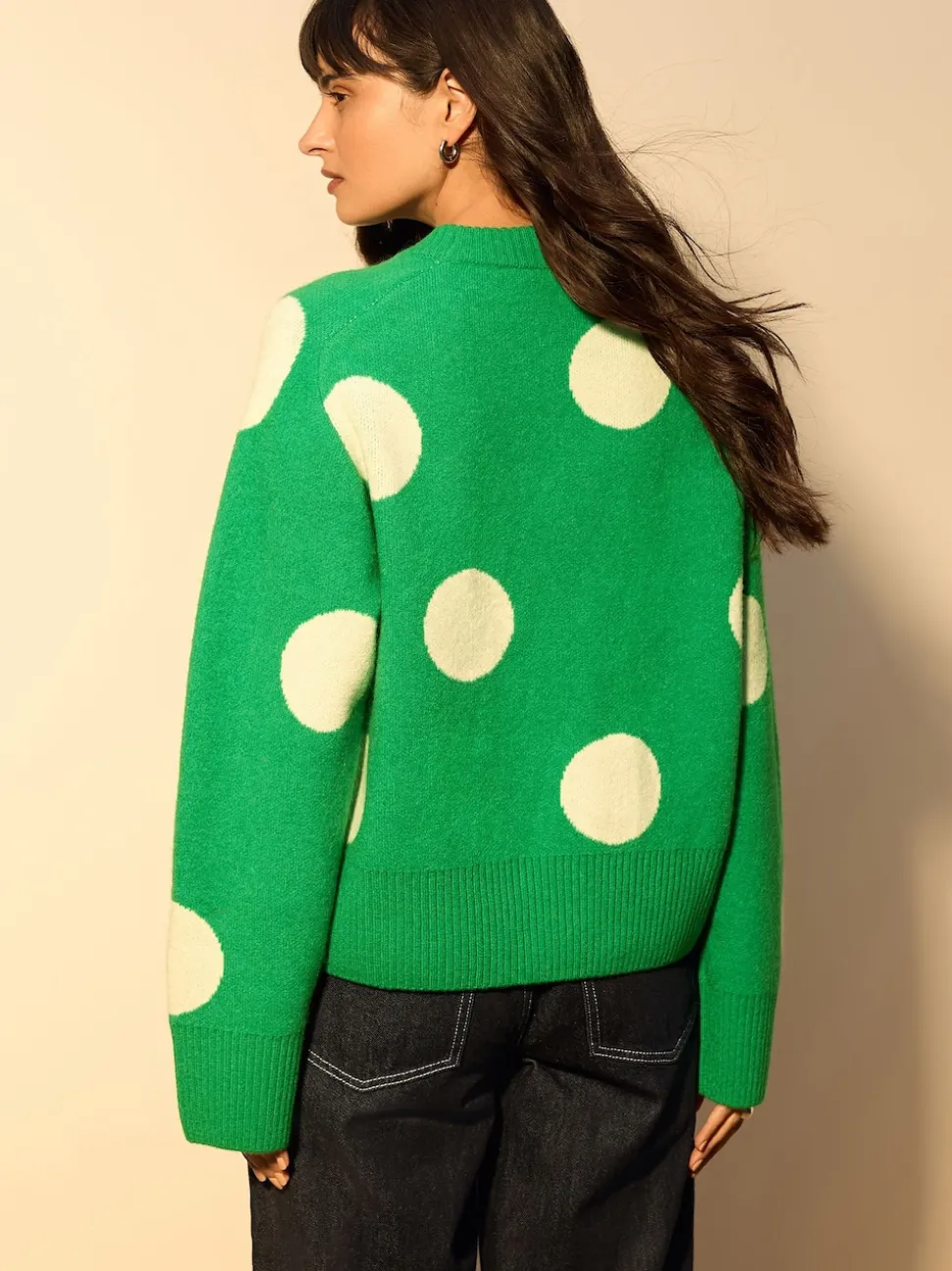 Bright Green Spot Crew Neck Knitted Jumper with Wool
