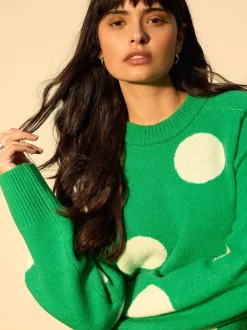 Bright Green Spot Crew Neck Knitted Jumper with Wool