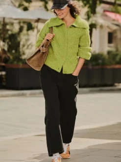 Bright Green Wool Blend Cable Knit Collar Cardigan