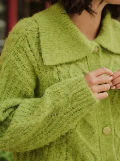 Bright Green Wool Blend Cable Knit Collar Cardigan