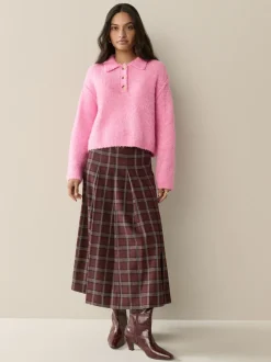 Bright Pink Boucle Long Sleeve Polo Jumper
