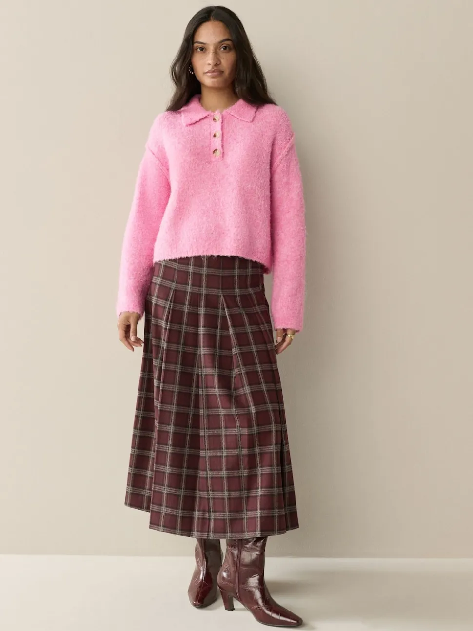 Bright Pink Boucle Long Sleeve Polo Jumper
