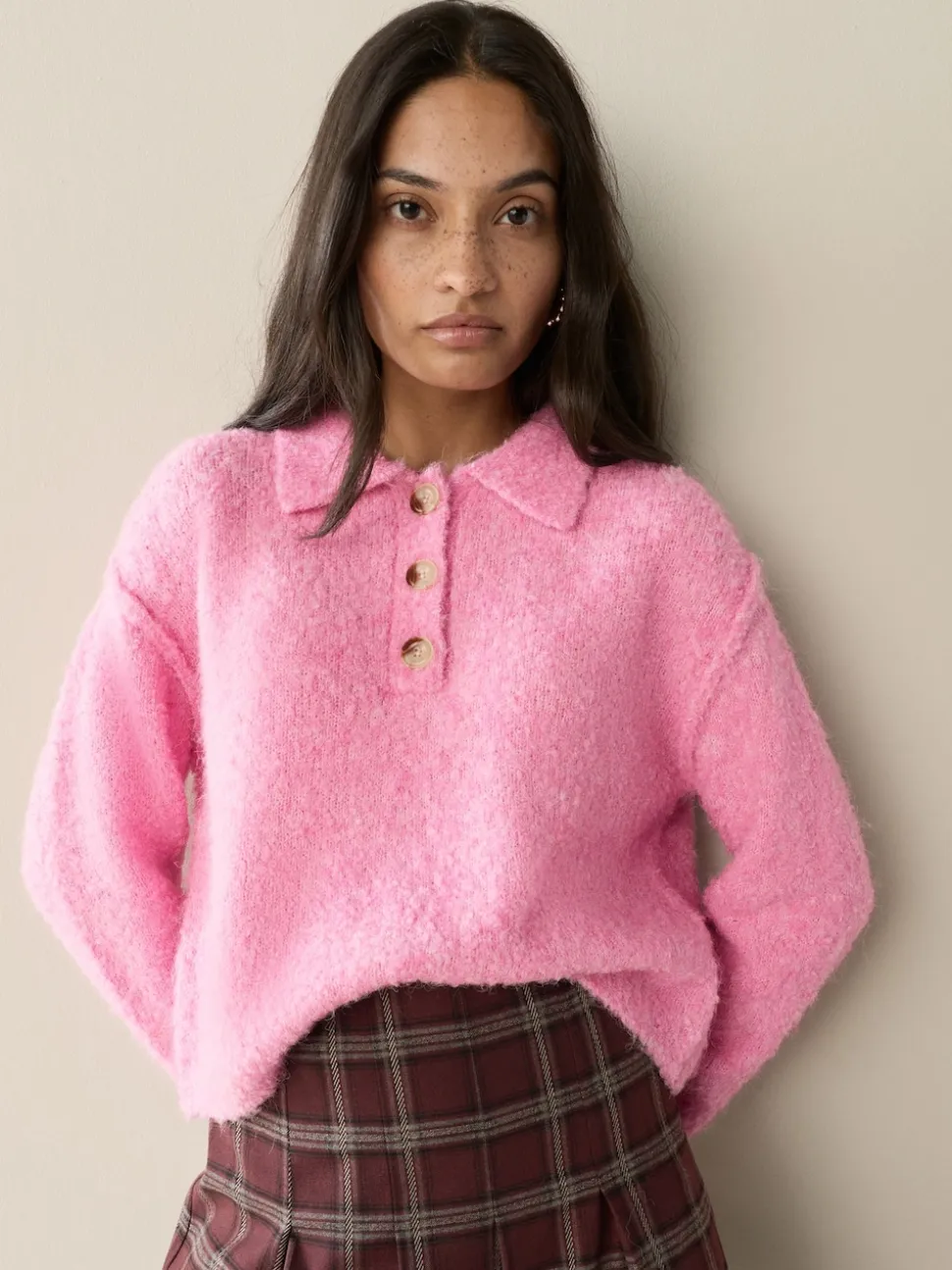Bright Pink Boucle Long Sleeve Polo Jumper