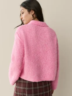 Bright Pink Boucle Long Sleeve Polo Jumper