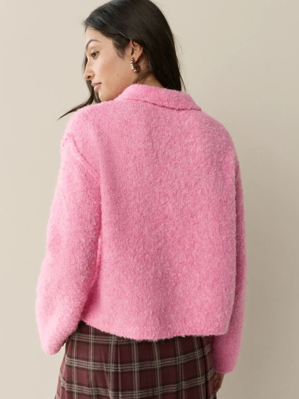 Bright Pink Boucle Long Sleeve Polo Jumper