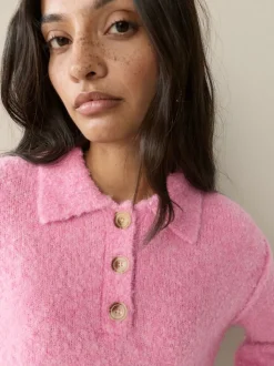 Bright Pink Boucle Long Sleeve Polo Jumper