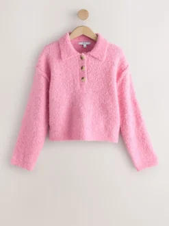 Bright Pink Boucle Long Sleeve Polo Jumper