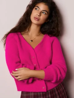 Bright Pink Heart Button Cardigan With Wool