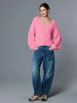 Bright Pink Neppy Fuzzy Texture V-Neck Knitted Jumper