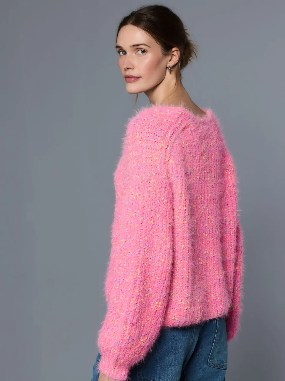 Bright Pink Neppy Fuzzy Texture V-Neck Knitted Jumper