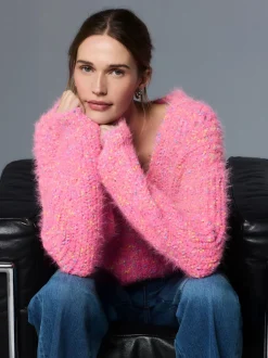 Bright Pink Neppy Fuzzy Texture V-Neck Knitted Jumper