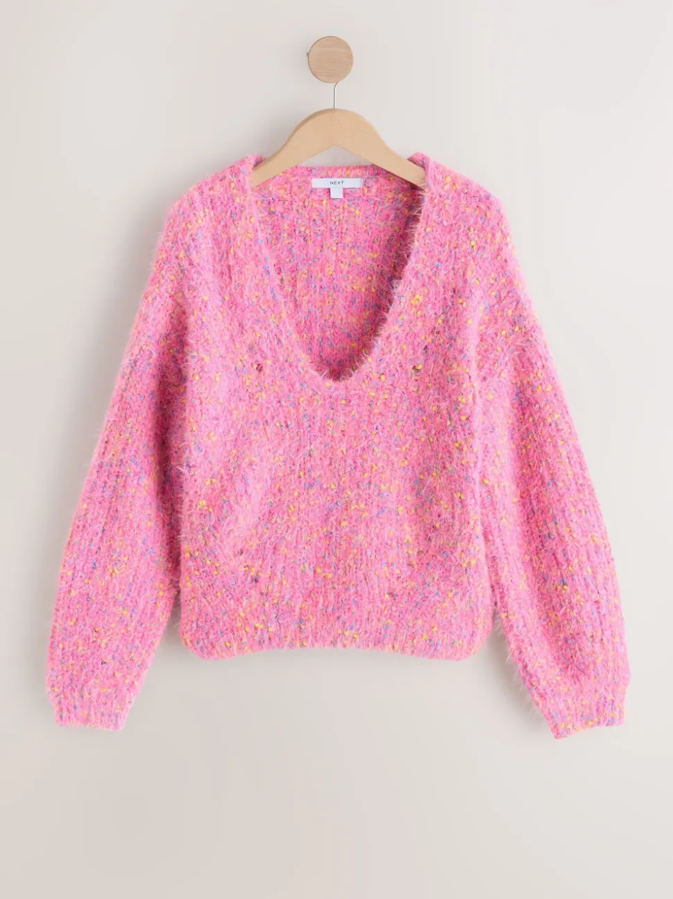 Bright Pink Neppy Fuzzy Texture V-Neck Knitted Jumper