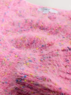 Bright Pink Neppy Fuzzy Texture V-Neck Knitted Jumper