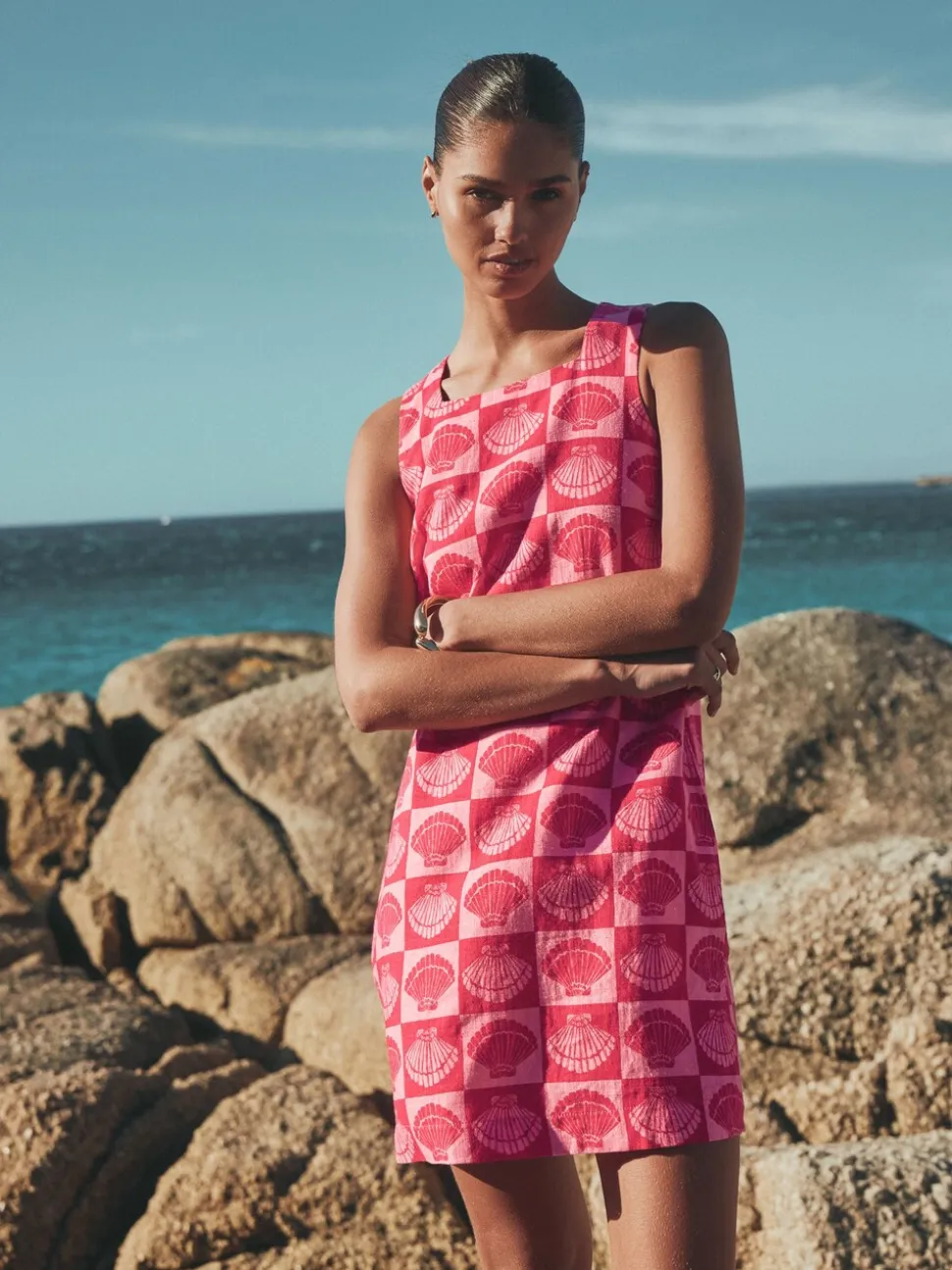 Bright Pink/ Red Shell Print Linen Rich Square Neck Shift Mini Dress