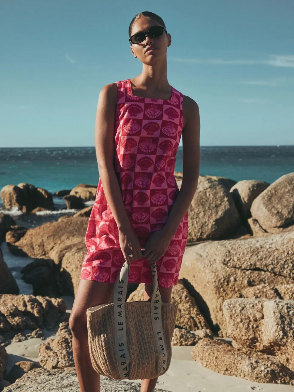 Bright Pink/ Red Shell Print Linen Rich Square Neck Shift Mini Dress