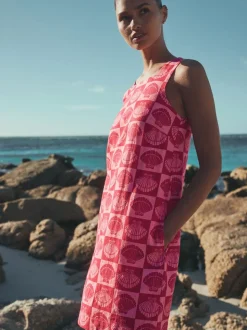 Bright Pink/ Red Shell Print Linen Rich Square Neck Shift Mini Dress