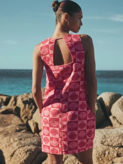 Bright Pink/ Red Shell Print Linen Rich Square Neck Shift Mini Dress