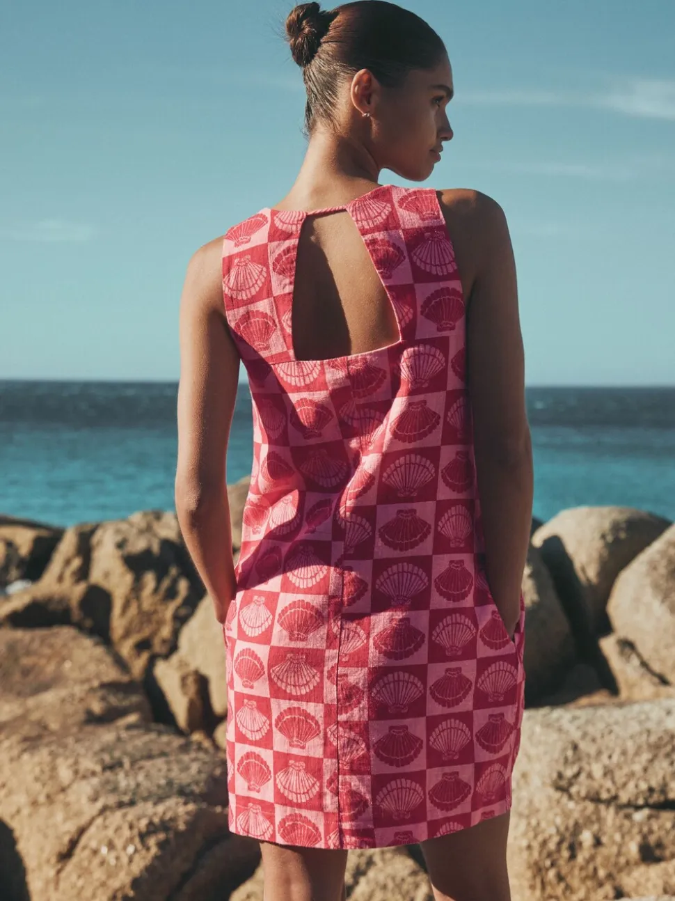 Bright Pink/ Red Shell Print Linen Rich Square Neck Shift Mini Dress