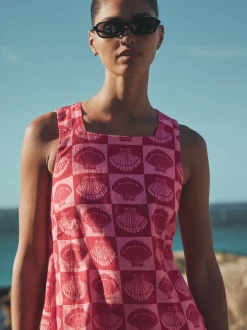 Bright Pink/ Red Shell Print Linen Rich Square Neck Shift Mini Dress