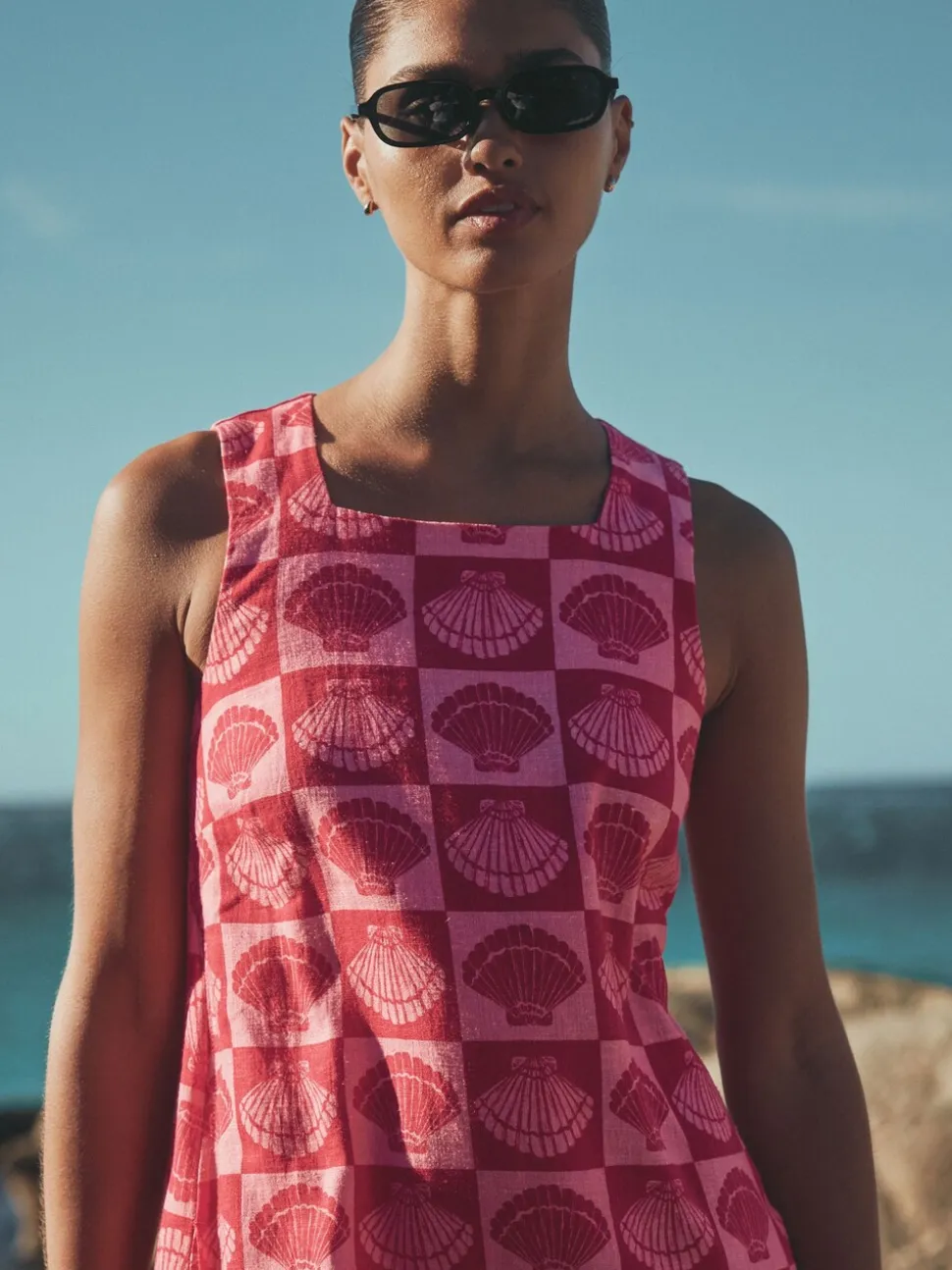 Bright Pink/ Red Shell Print Linen Rich Square Neck Shift Mini Dress