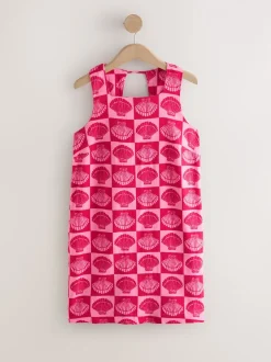 Bright Pink/ Red Shell Print Linen Rich Square Neck Shift Mini Dress
