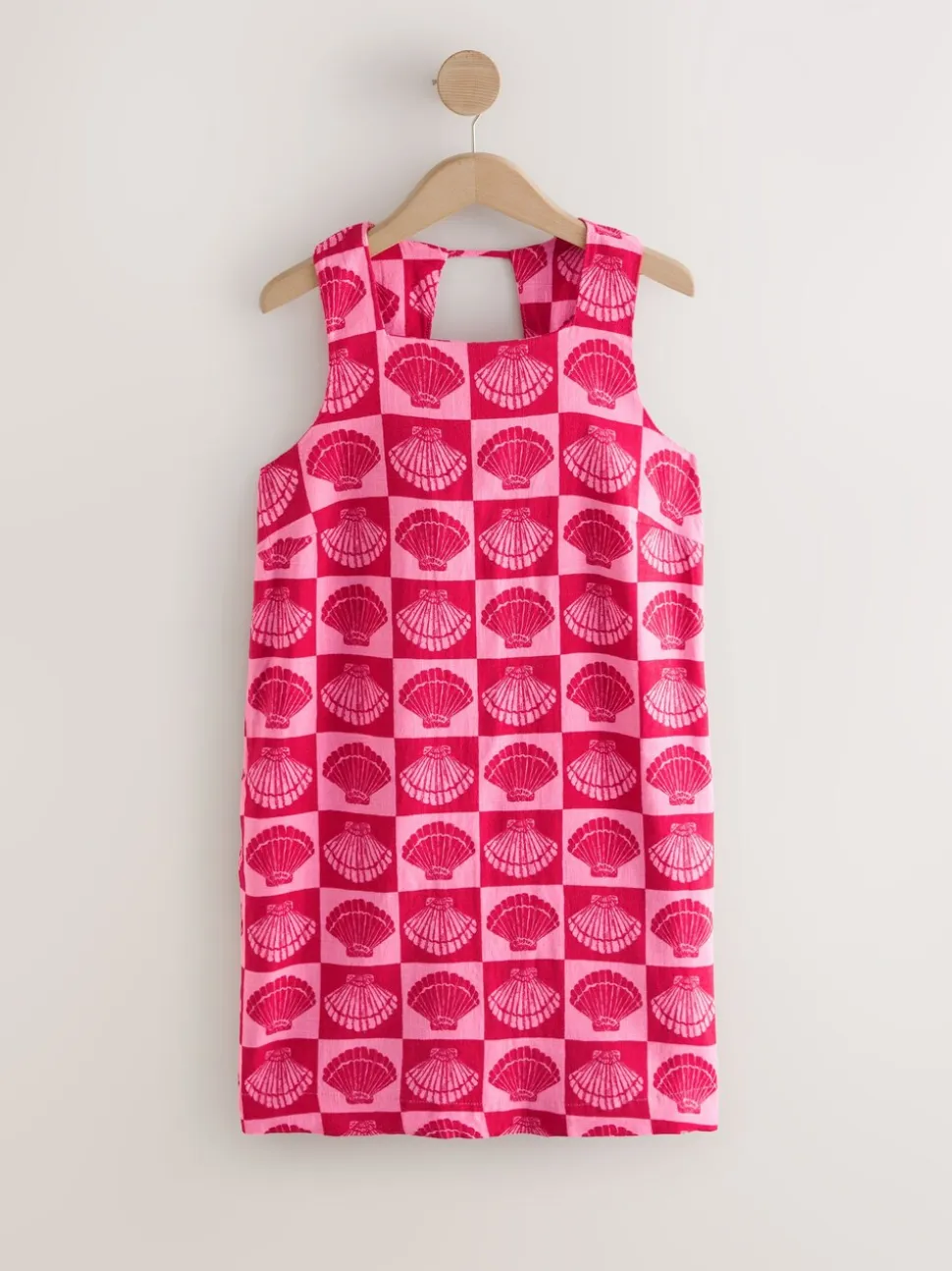 Bright Pink/ Red Shell Print Linen Rich Square Neck Shift Mini Dress