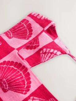 Bright Pink/ Red Shell Print Linen Rich Square Neck Shift Mini Dress