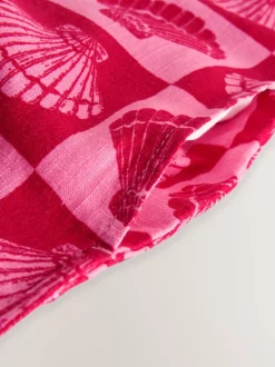 Bright Pink/ Red Shell Print Linen Rich Square Neck Shift Mini Dress