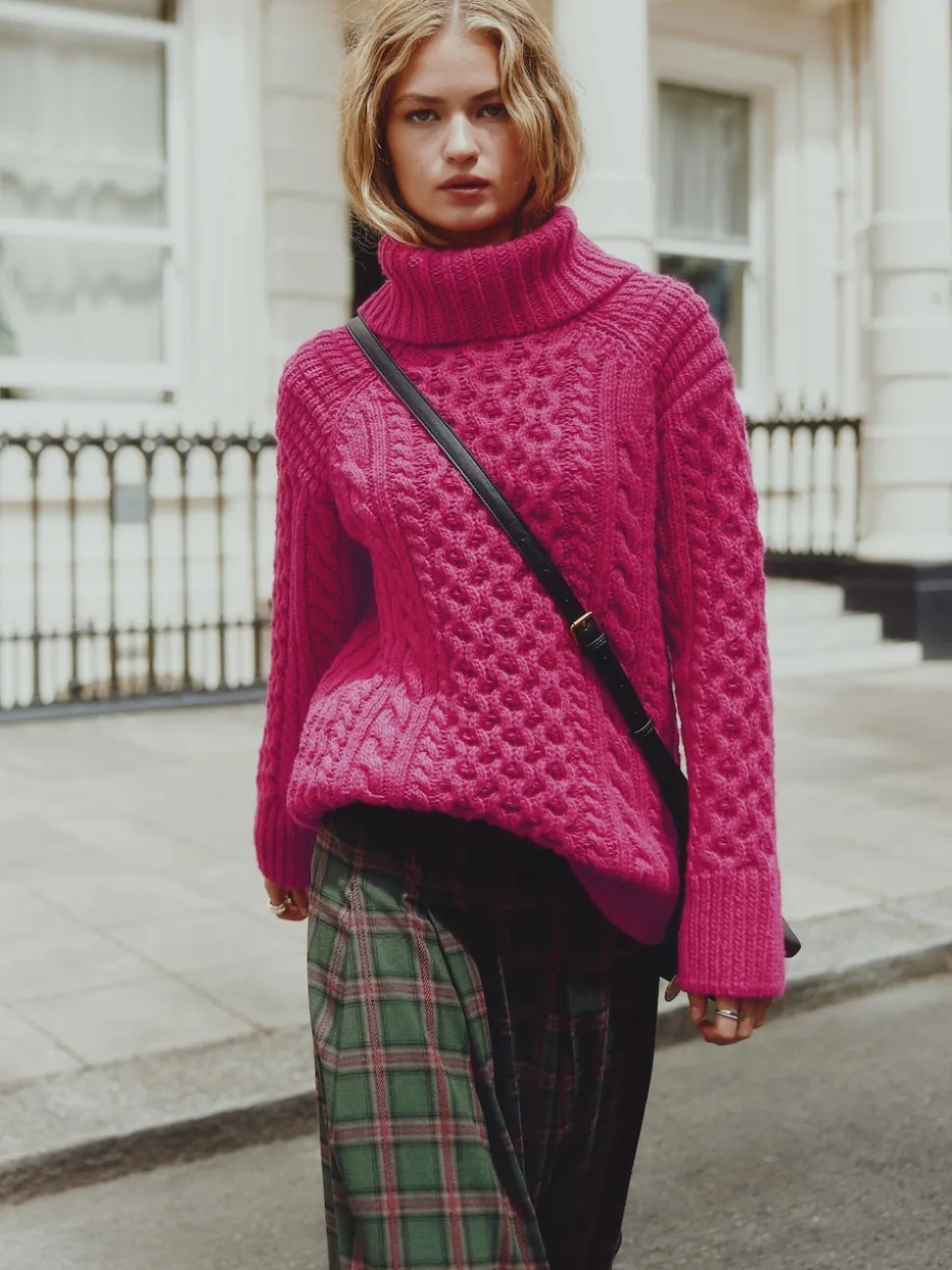 Bright Pink Roll Neck Cable Longline Jumper with Wool