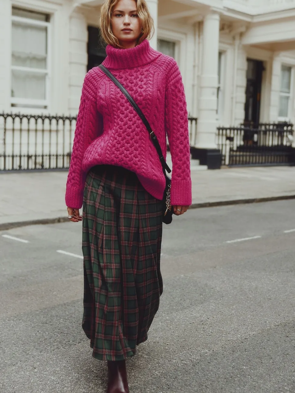 Bright Pink Roll Neck Cable Longline Jumper with Wool