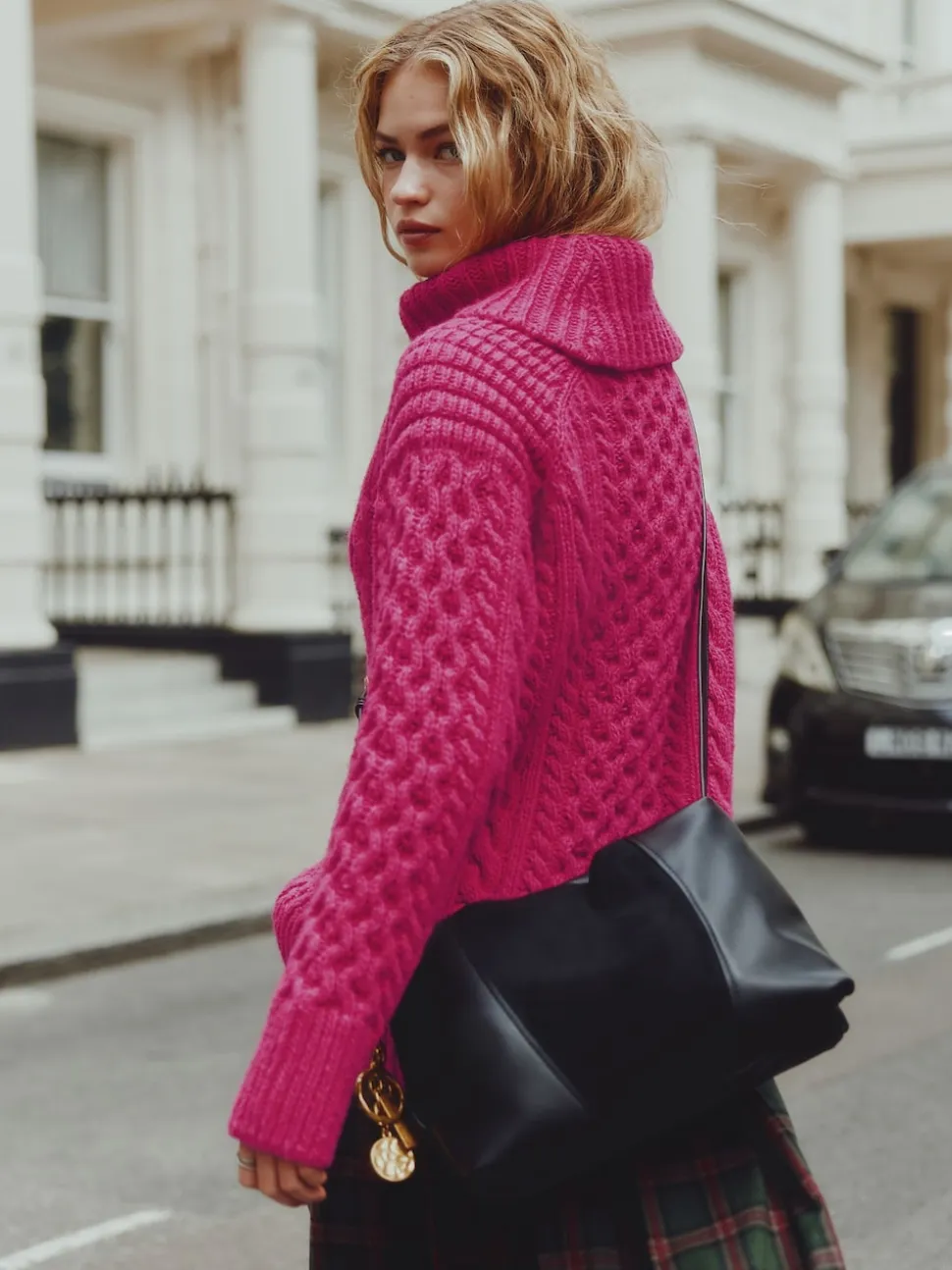 Bright Pink Roll Neck Cable Longline Jumper with Wool