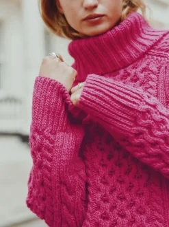 Bright Pink Roll Neck Cable Longline Jumper with Wool