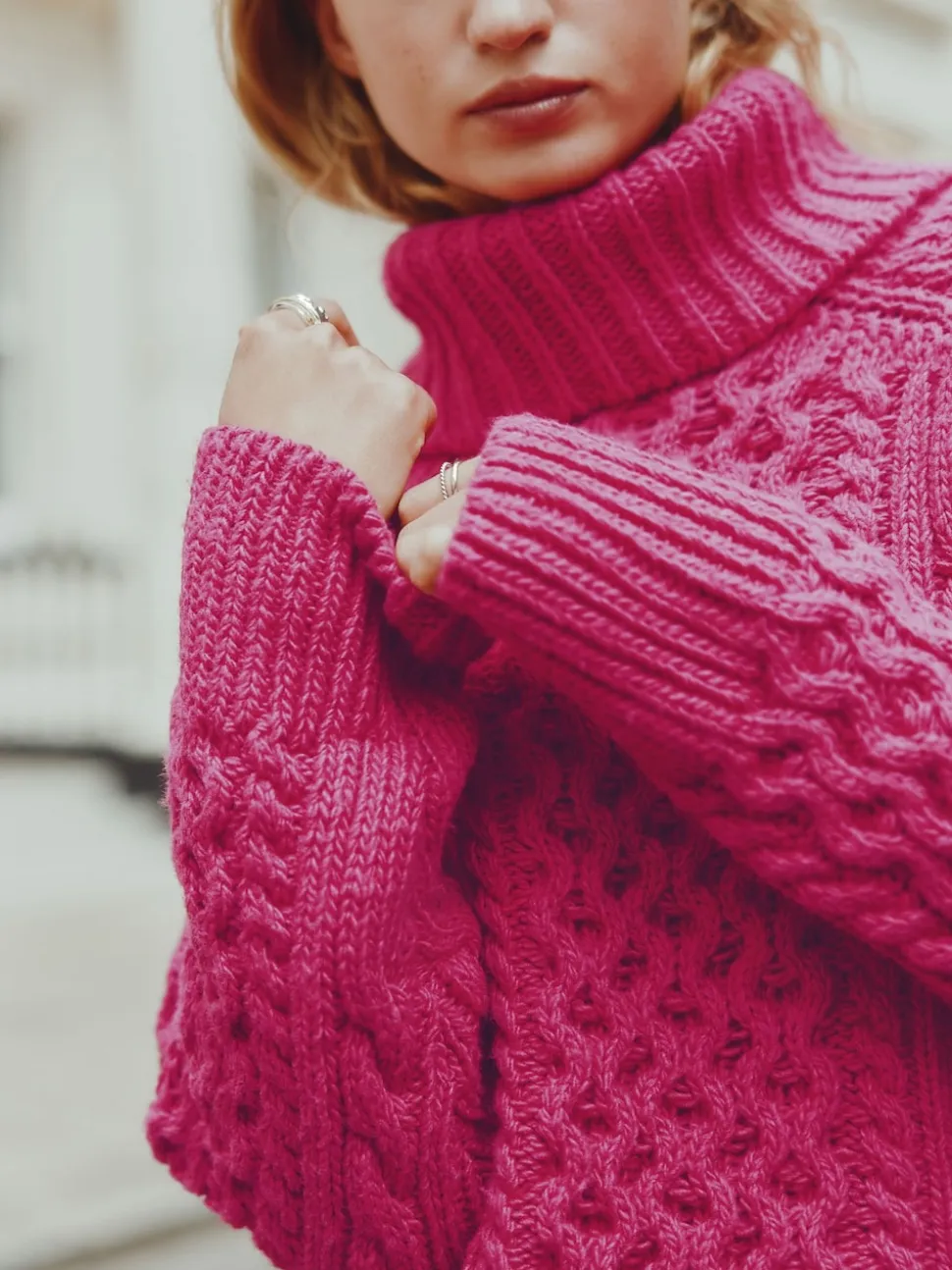 Bright Pink Roll Neck Cable Longline Jumper with Wool