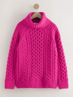 Bright Pink Roll Neck Cable Longline Jumper with Wool