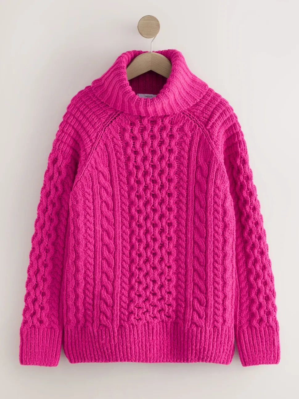 Bright Pink Roll Neck Cable Longline Jumper with Wool