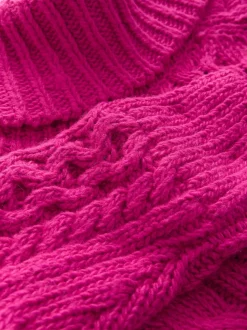 Bright Pink Roll Neck Cable Longline Jumper with Wool