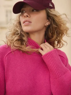 Bright Pink Stand Neck Chunky Knit Jumper With Wool