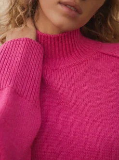 Bright Pink Stand Neck Chunky Knit Jumper With Wool