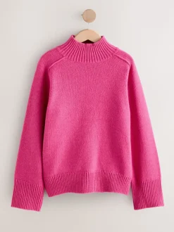 Bright Pink Stand Neck Chunky Knit Jumper With Wool
