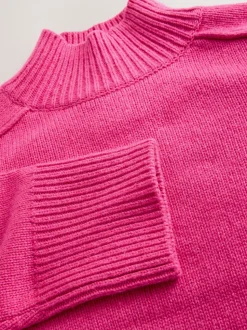 Bright Pink Stand Neck Chunky Knit Jumper With Wool