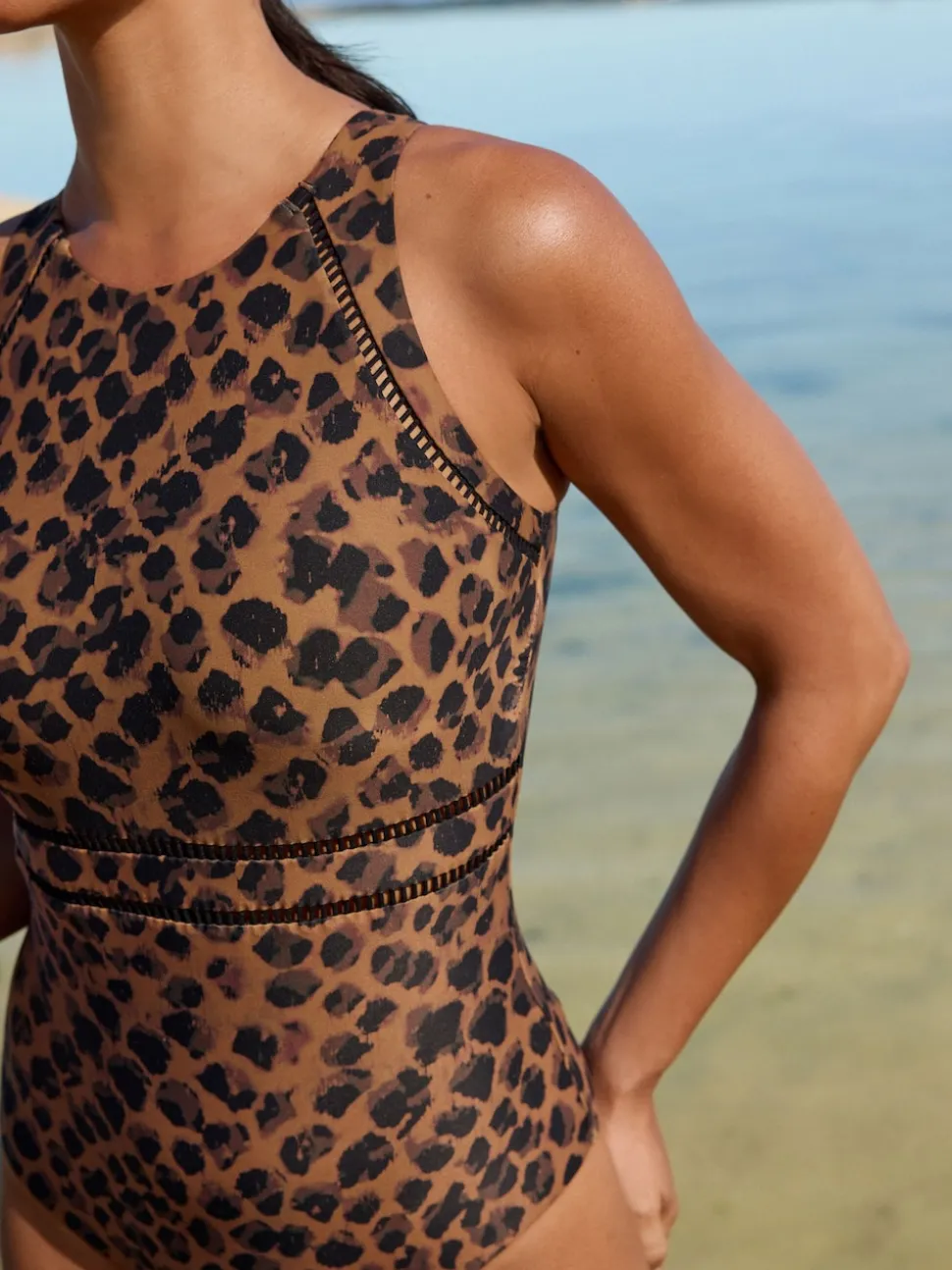 Brown Animal High Neck Tummy Control Shaping Swimsuit