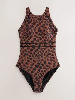 Brown Animal High Neck Tummy Control Shaping Swimsuit