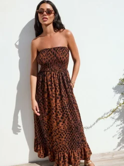 Brown Animal Print Bandeau Frill Summer Midi Dress