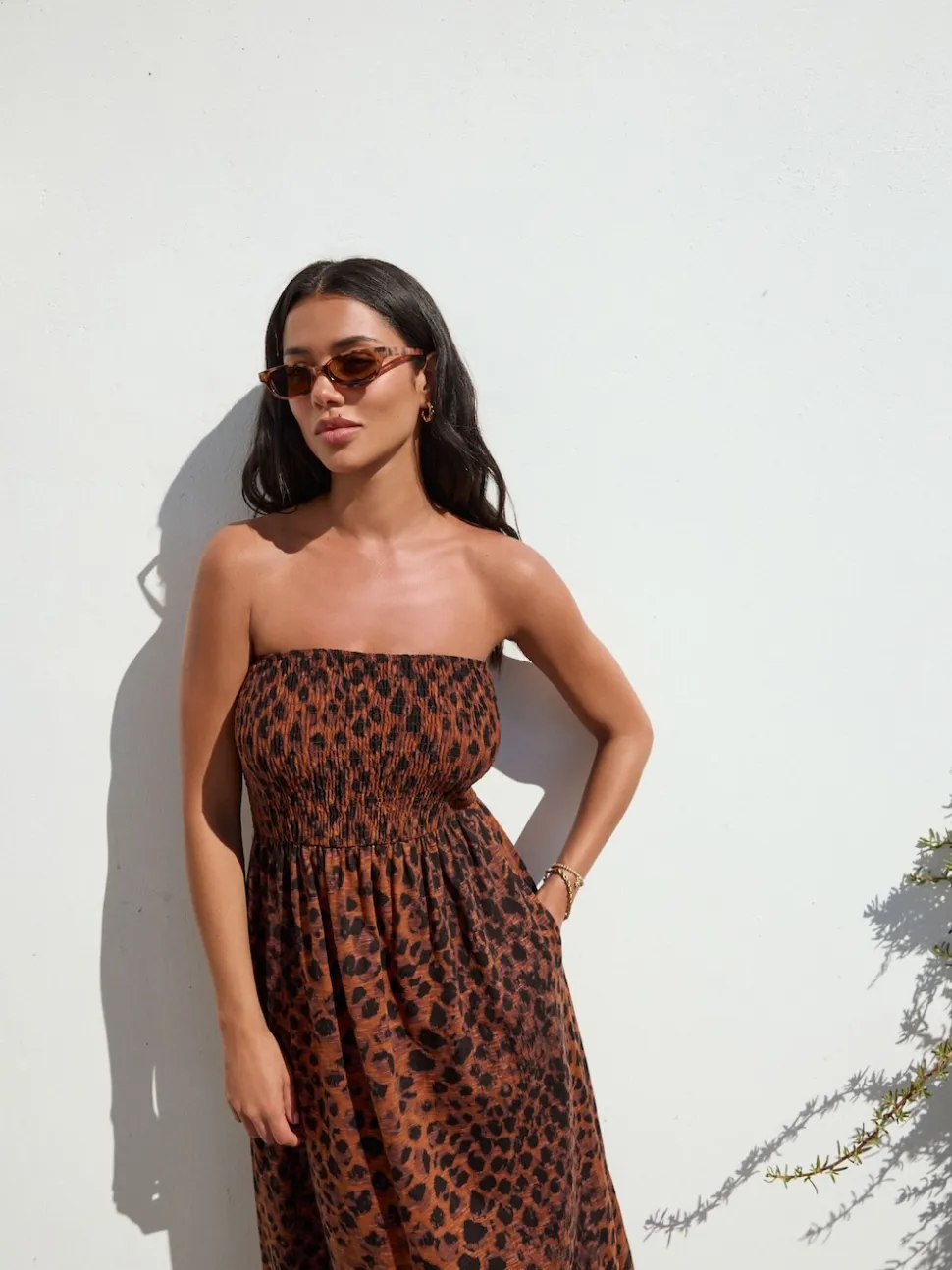 Brown Animal Print Bandeau Frill Summer Midi Dress