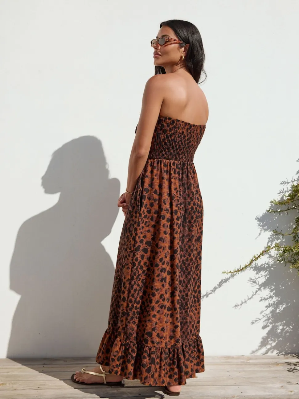 Brown Animal Print Bandeau Frill Summer Midi Dress