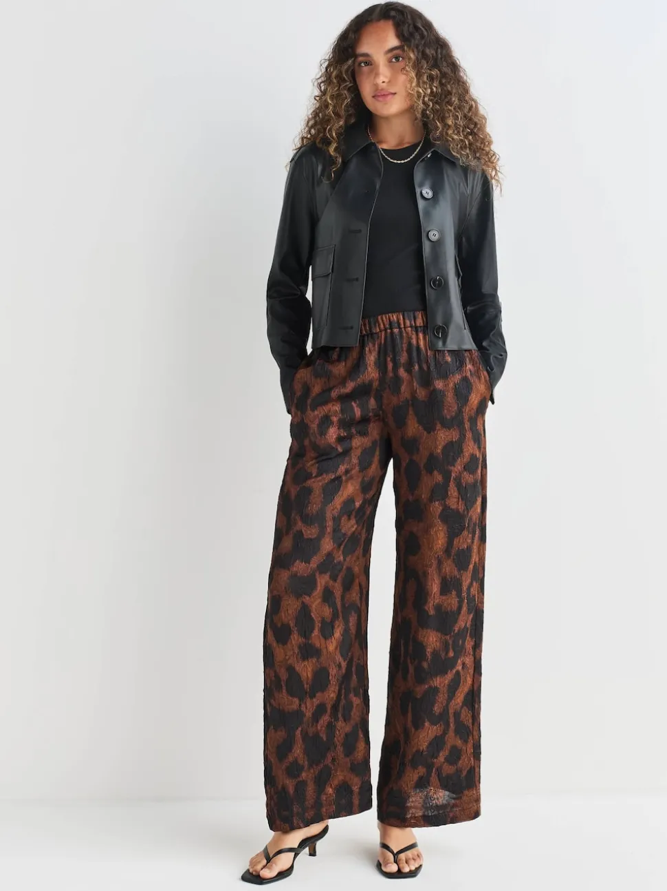 Brown Animal Print Satin Crinkle Wide Leg Trousers