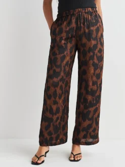 Brown Animal Print Satin Crinkle Wide Leg Trousers