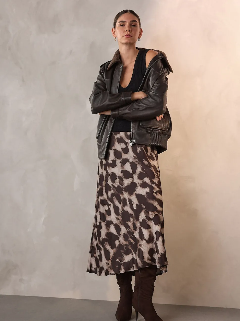 Brown Animal Print Satin Midi Skirt